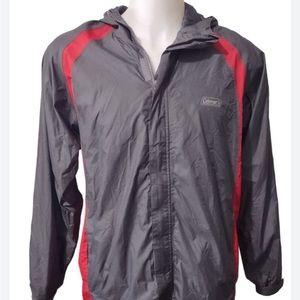 Coleman Windbreaker Men's Hooded Raincoat Gray/Red Nylon Full Zip